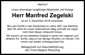 Anzeige von Manfred Zegelski von Kölner Stadt-Anzeiger / Kölnische Rundschau / Express
