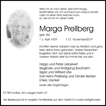 Anzeige von Marga Prellberg von Kölner Stadt-Anzeiger / Kölnische Rundschau / Express