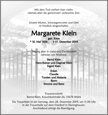 Anzeige von Margarete Klein von Kölner Stadt-Anzeiger / Kölnische Rundschau / Express
