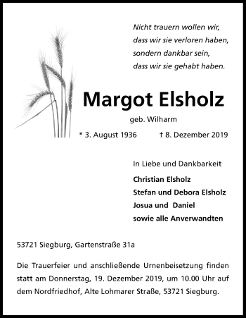 Anzeige von Margot Elsholz von Kölner Stadt-Anzeiger / Kölnische Rundschau / Express
