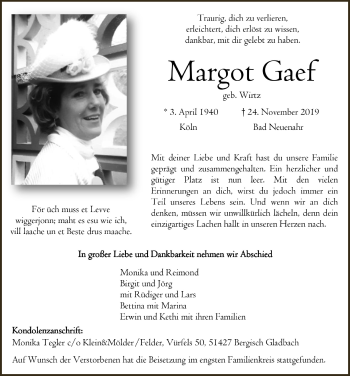 Anzeige von Margot Gaef von  Bergisches Sonntagsblatt 