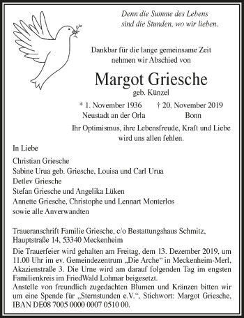 Anzeige von Margot Griesche von  Schaufenster/Blickpunkt 