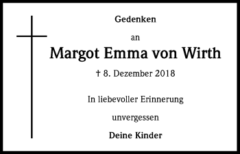 Anzeige von Margot Emma von Wirth von Kölner Stadt-Anzeiger / Kölnische Rundschau / Express