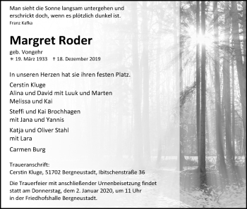 Anzeige von Margret Roder von Kölner Stadt-Anzeiger / Kölnische Rundschau / Express