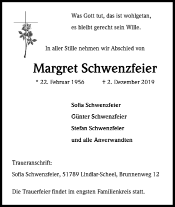 Anzeige von Margret Schwenzfeier von Kölner Stadt-Anzeiger / Kölnische Rundschau / Express