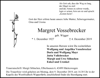 Anzeige von Margret Vossebrecker von Kölner Stadt-Anzeiger / Kölnische Rundschau / Express