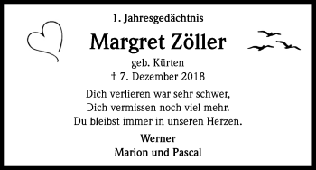 Anzeige von Margret Zöller von Kölner Stadt-Anzeiger / Kölnische Rundschau / Express