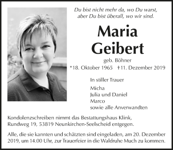 Anzeige von Maria Geibert von  Wochenende  Extra Blatt 