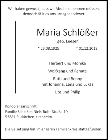 Anzeige von Maria Schlößer von Kölner Stadt-Anzeiger / Kölnische Rundschau / Express