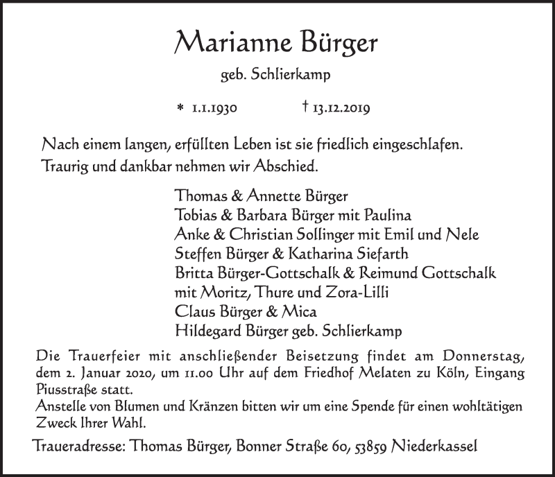  Traueranzeige für Marianne Bürger vom 18.12.2019 aus  Schlossbote/Werbekurier 