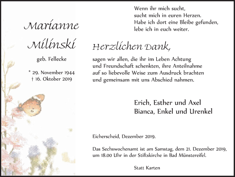  Traueranzeige für Marianne Milinski vom 07.12.2019 aus  Blickpunkt Euskirchen 