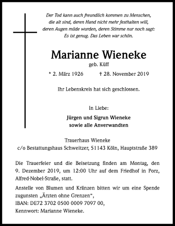 Anzeige von Marianne Wieneke von Kölner Stadt-Anzeiger / Kölnische Rundschau / Express