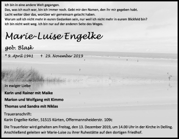 Anzeige von Marie-Luise Engelke von Kölner Stadt-Anzeiger / Kölnische Rundschau / Express
