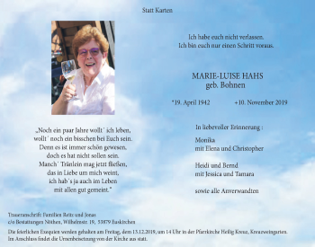 Anzeige von Marie-Luise Hahs von  Blickpunkt Euskirchen 
