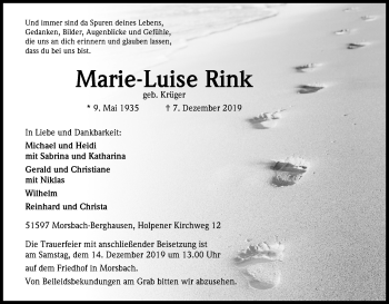 Anzeige von Marie-Luise Rink von Kölner Stadt-Anzeiger / Kölnische Rundschau / Express