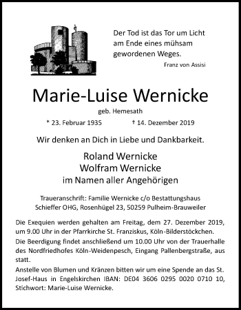 Anzeige von Marie-Luise Wernicke von Kölner Stadt-Anzeiger / Kölnische Rundschau / Express