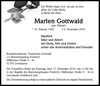 Anzeige von Marlen Gottwald von Kölner Stadt-Anzeiger / Kölnische Rundschau / Express