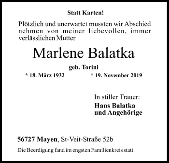 Anzeige von Marlene Balatka von Kölner Stadt-Anzeiger / Kölnische Rundschau / Express