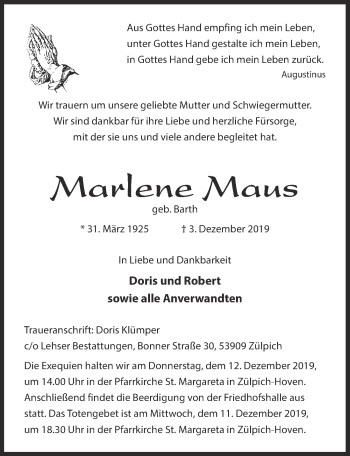 Anzeige von Marlene Maus von  Blickpunkt Euskirchen 