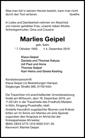 Anzeige von Marlies Geipel von Kölner Stadt-Anzeiger / Kölnische Rundschau / Express