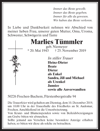 Anzeige von Marlies Tümmler von  Wochenende 