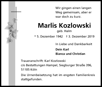 Anzeige von Marlis Kozlowski von Kölner Stadt-Anzeiger / Kölnische Rundschau / Express