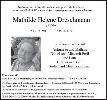 Anzeige von Mathilde Helene Dreschmann von  Sonntags-Post 