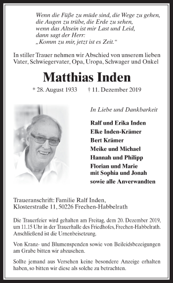Anzeige von Matthias Inden von  Wochenende 