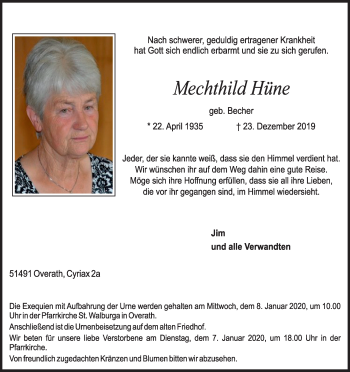 Anzeige von Mechthild Hüne von Kölner Stadt-Anzeiger / Kölnische Rundschau / Express