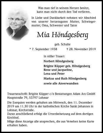 Anzeige von Mia Höndgesberg von Kölner Stadt-Anzeiger / Kölnische Rundschau / Express
