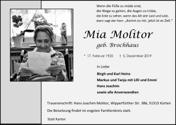 Anzeige von Mia Molitor von Kölner Stadt-Anzeiger / Kölnische Rundschau / Express