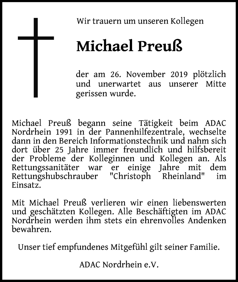  Traueranzeige für Michael Preuß vom 06.12.2019 aus Kölner Stadt-Anzeiger / Kölnische Rundschau / Express