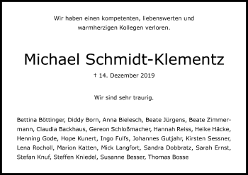 Anzeige von Michael Schmidt-Klementz von Kölner Stadt-Anzeiger / Kölnische Rundschau / Express