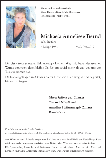 Anzeige von Michaela Anneliese Bernd von Kölner Stadt-Anzeiger / Kölnische Rundschau / Express