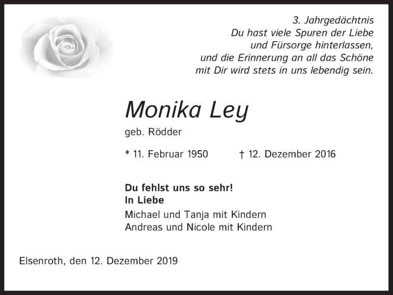  Traueranzeige für Monika Ley vom 12.12.2019 aus Kölner Stadt-Anzeiger / Kölnische Rundschau / Express