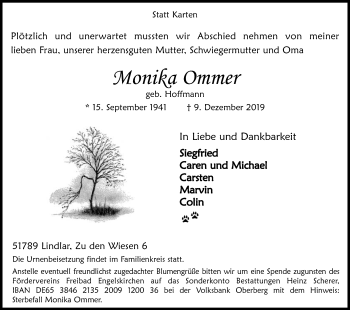 Anzeige von Monika Ommer von Kölner Stadt-Anzeiger / Kölnische Rundschau / Express