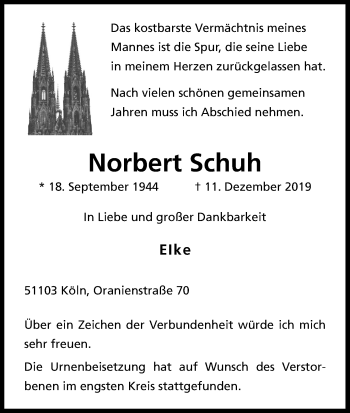 Anzeige von Norbert Schuh von Kölner Stadt-Anzeiger / Kölnische Rundschau / Express