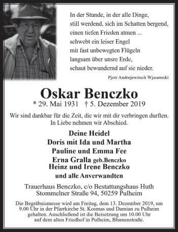 Anzeige von Oskar Benczko von  Wochenende 