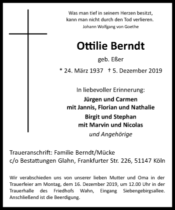 Anzeige von Ottilie Berndt von  Kölner Wochenspiegel 