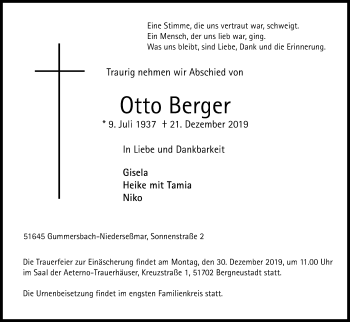 Anzeige von Otto Berger von Kölner Stadt-Anzeiger / Kölnische Rundschau / Express