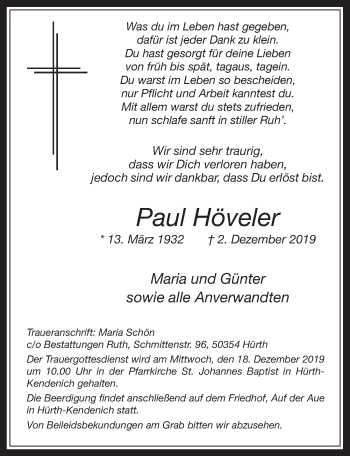 Anzeige von Paul Höveler von  Wochenende 