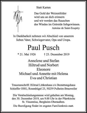 Anzeige von Paul Pusch von  Sonntags-Post 