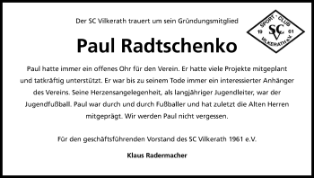 Anzeige von Paul Radtschenko von Kölner Stadt-Anzeiger / Kölnische Rundschau / Express