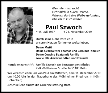 Anzeige von Paul Szwoch von Kölner Stadt-Anzeiger / Kölnische Rundschau / Express