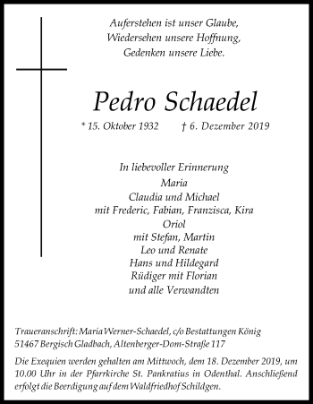 Anzeige von Pedro Schaedel von Kölner Stadt-Anzeiger / Kölnische Rundschau / Express