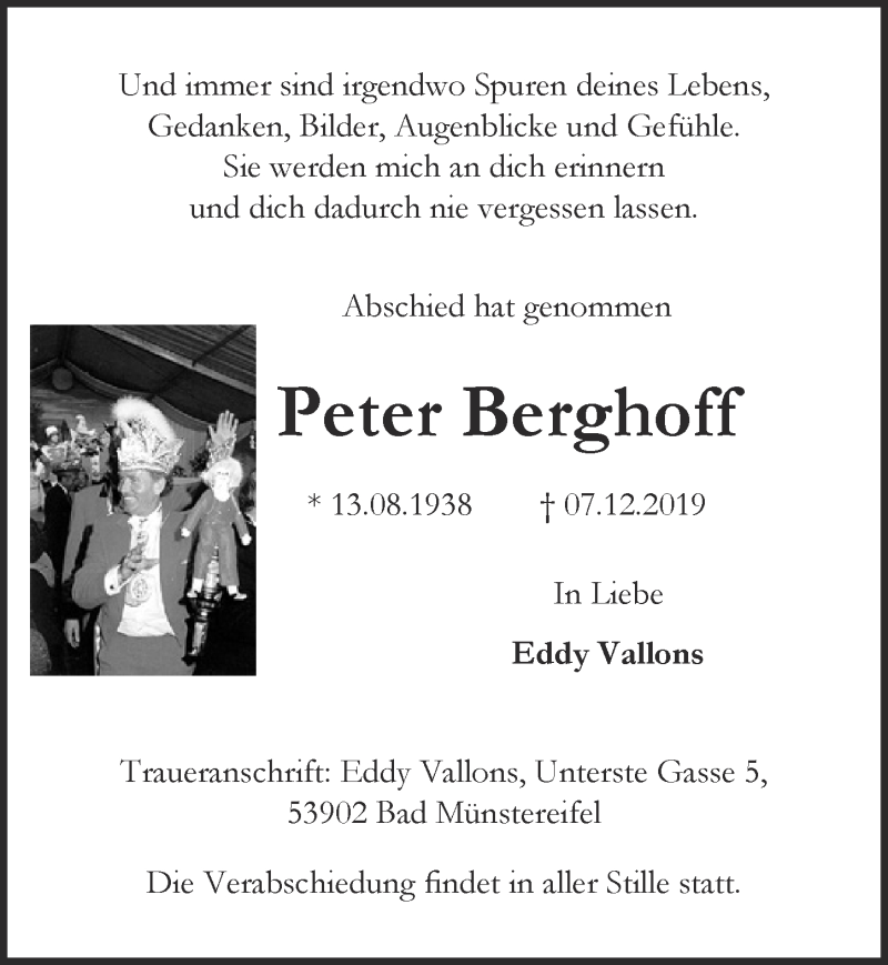  Traueranzeige für Peter Berghoff vom 14.12.2019 aus  Blickpunkt Euskirchen 
