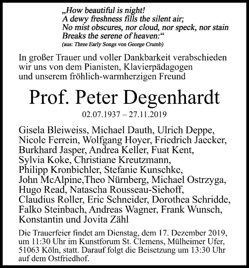 Traueranzeige für Peter Degenhardt vom 11.12.2019 aus Kölner Stadt-Anzeiger / Kölnische Rundschau / Express