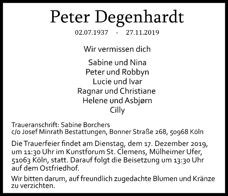  Traueranzeige für Peter Degenhardt vom 07.12.2019 aus Kölner Stadt-Anzeiger / Kölnische Rundschau / Express