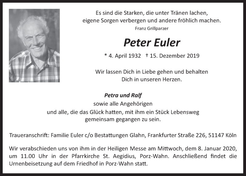  Traueranzeige für Peter Euler vom 23.12.2019 aus  Kölner Wochenspiegel 
