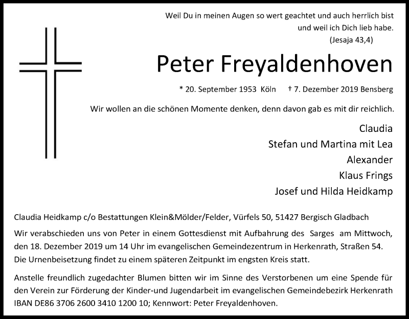  Traueranzeige für Peter Freyaldenhoven vom 14.12.2019 aus Kölner Stadt-Anzeiger / Kölnische Rundschau / Express